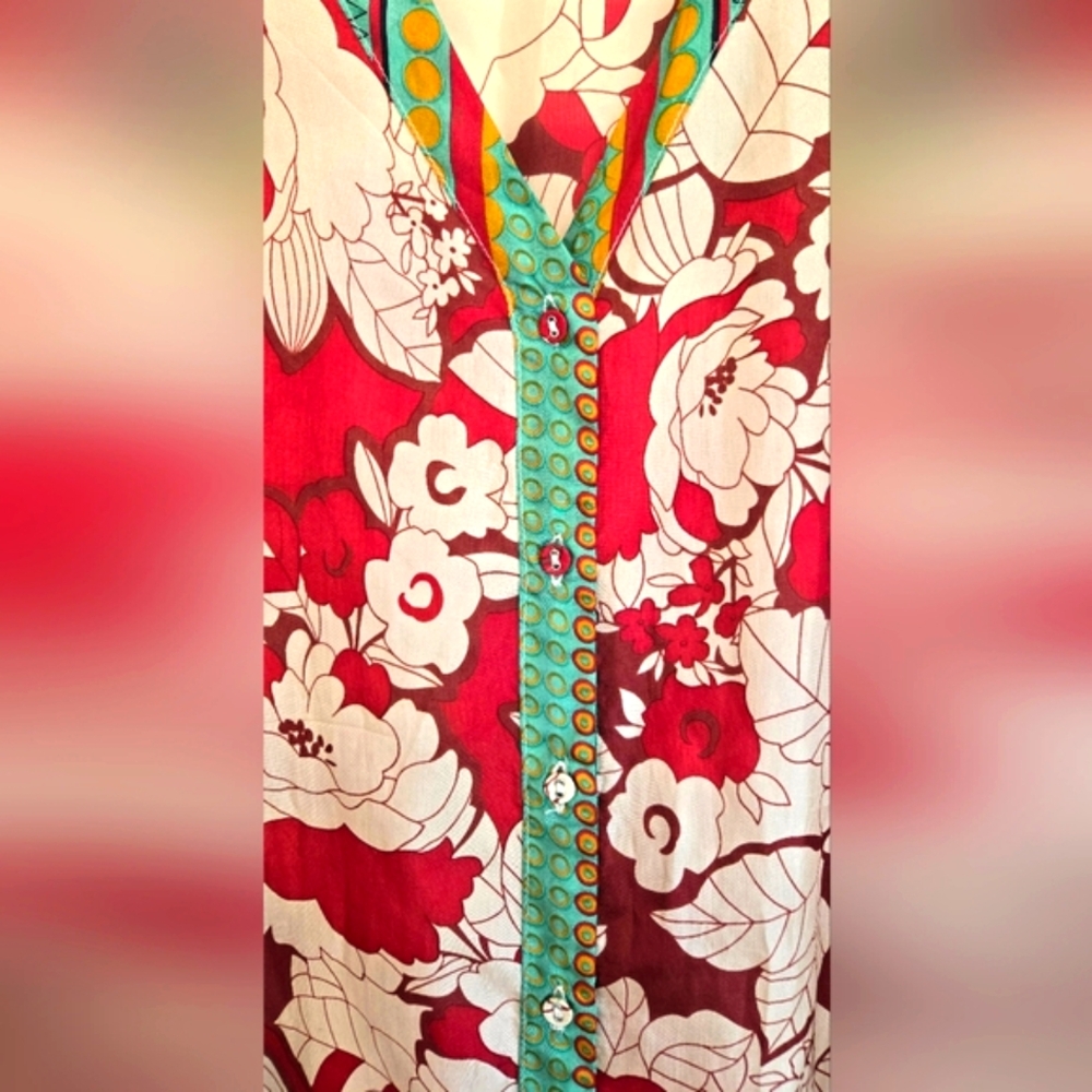 Johnny Was Red Floral Silk Blouse with Cream Print and Green Trim - Picture 4 of 11